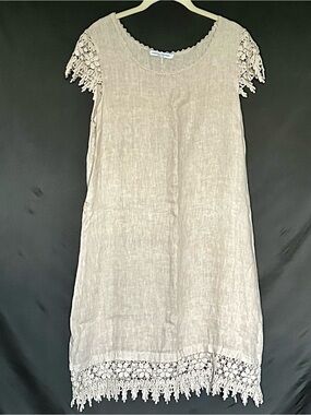 Martina Innocenti 100% Linen A-Line Dress with Lace Cap Sleeve and Border Sz S